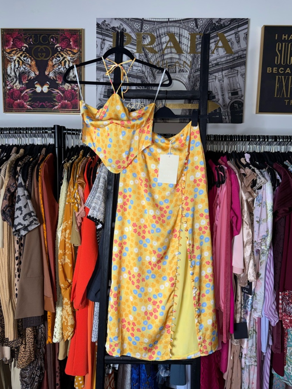 Sabo Yumee Azalea Tropical Yellow Floral Skirt Set Halter Top Midi Skirt New NWT